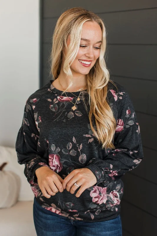 Blooming Feelings Floral Top- Charcoal