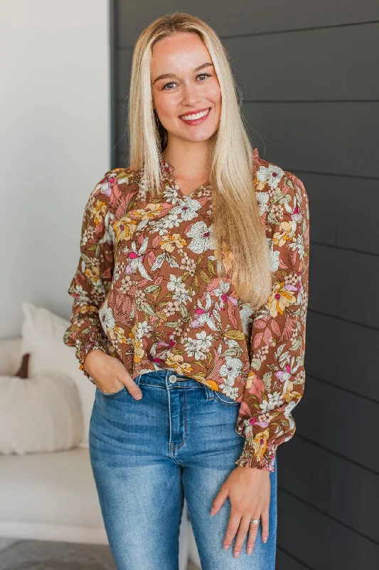 Captivate Your Heart Floral Blouse- Brown & Mauve