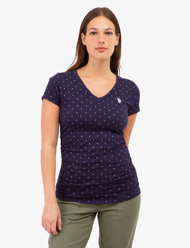 DOT PRINT RUCHED SIDE V-NECK T-SHIRT