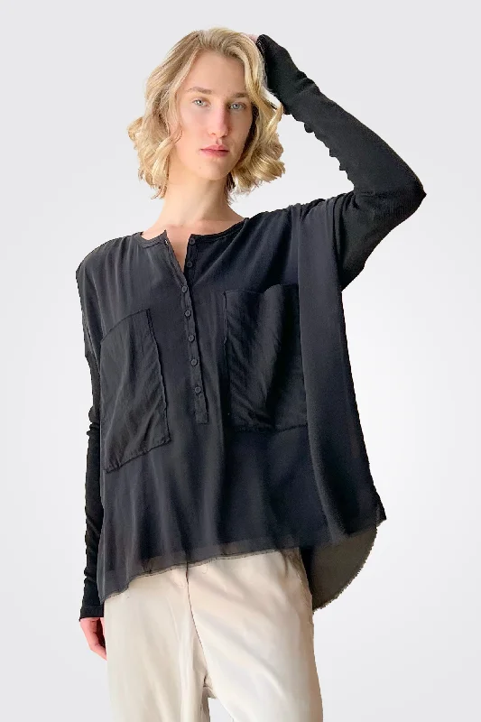 3/4 Button Down Shirt - Black