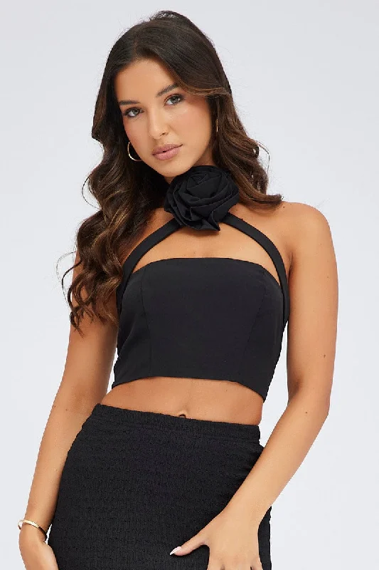 Black Crop Top Halter Neck Rose Rosette Detail