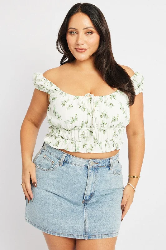 Green Ditsy Crop Top Short Sleeve Ruched Bust