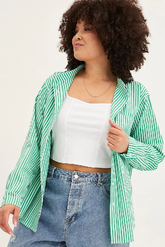 Green Stripe Oversized Shirts Button Through