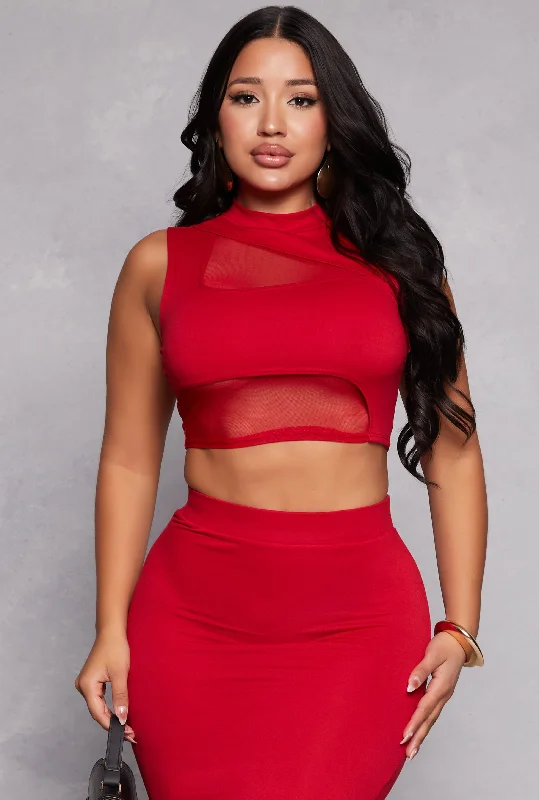 Lined Mesh Cut Out Crop Top