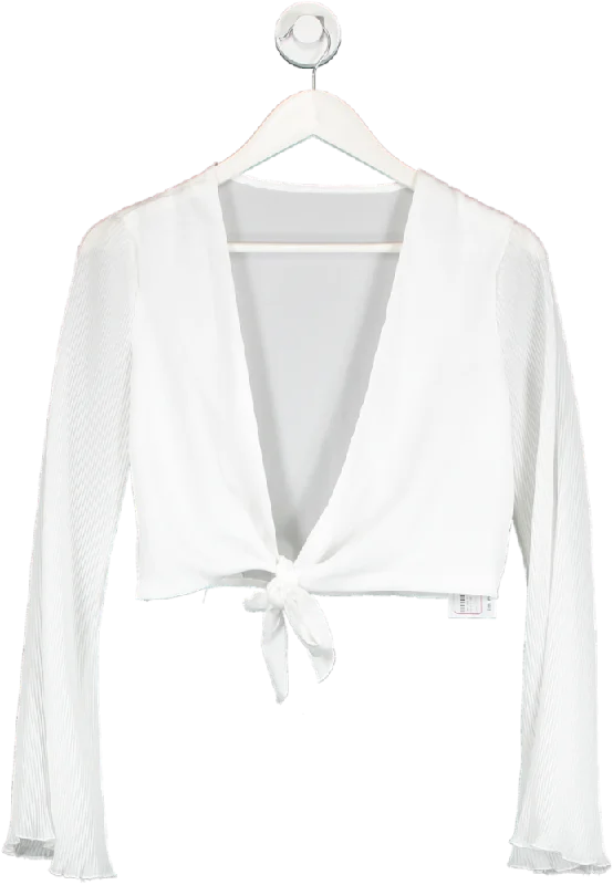 SHEIN White Pleated Bell Sleeve Tie Front Top UK S