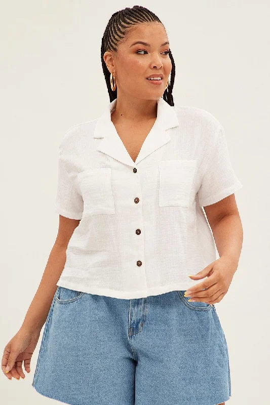 White Crop Shirt Short Sleeve Button Up