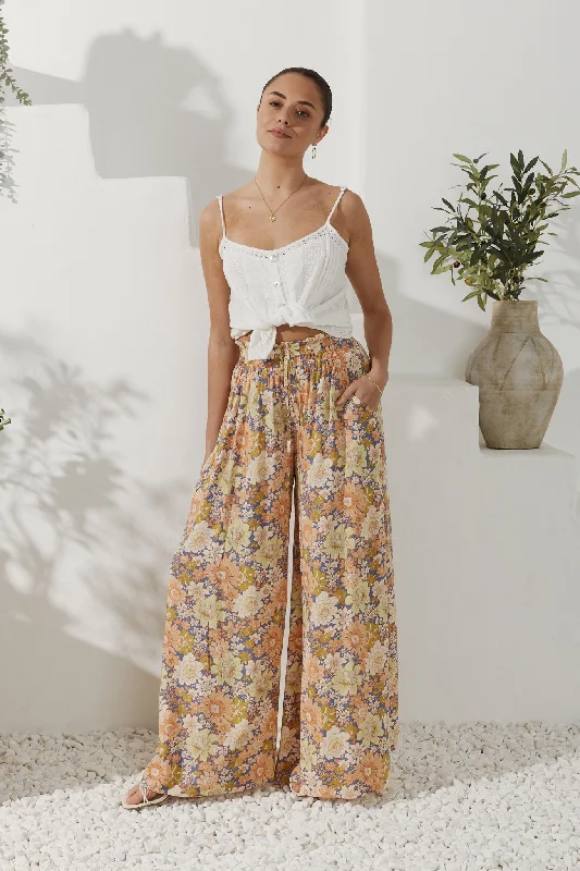 Aurelie Orange Blue Floral Wide Leg Pants