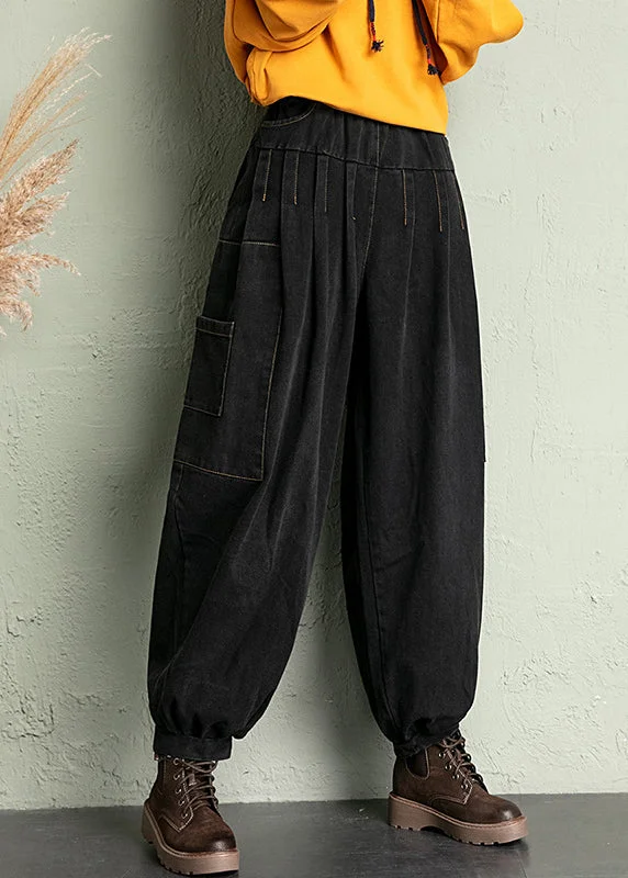 Black Wrinkled Loose Denim Lantern Pants High Waist Spring