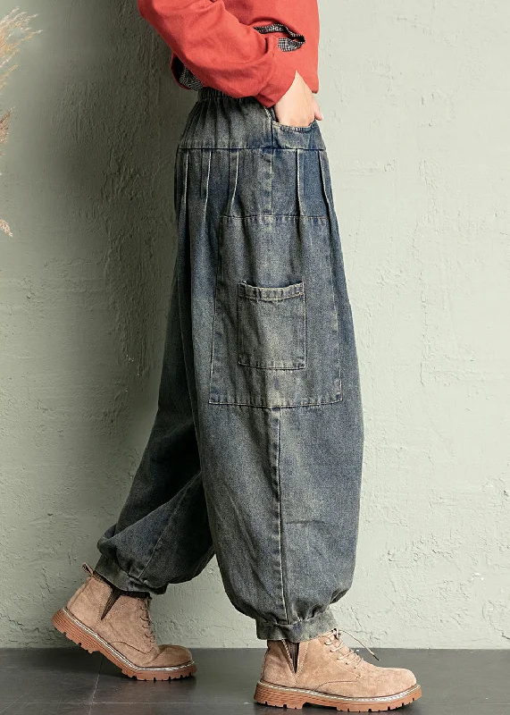 Vintage Blue Pockets Elastic Waist Denim Crop Pants Spring