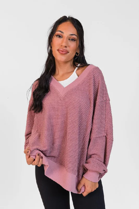 Perfect Score Mauve V-Neck Waffle Top