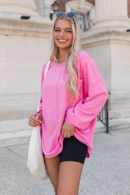 Setting Goals Pink Pocketed Long Sleeve Knit Top