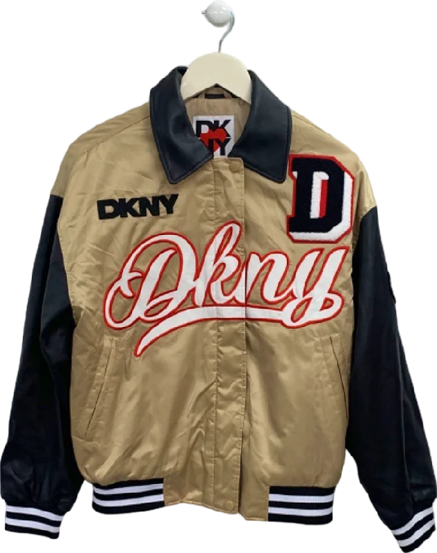 DKNY Beige Black Satin Varsity Jacket UK S