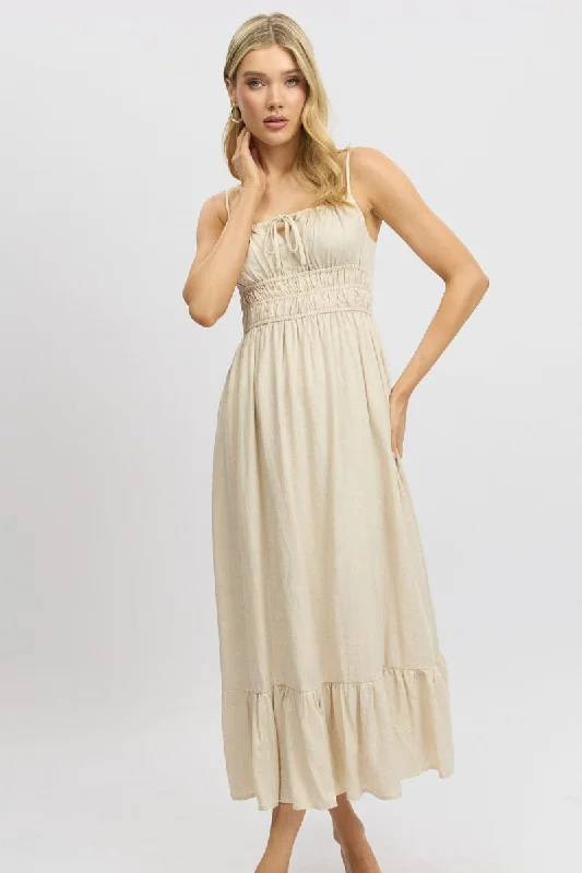 Beige Midi Dress Tiered Strappy