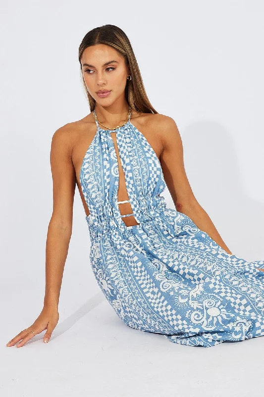 Blue Abstract Maxi Dress Halter Neck