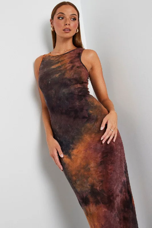 Brown Abstract Maxi Dress Sleeveless Jersey