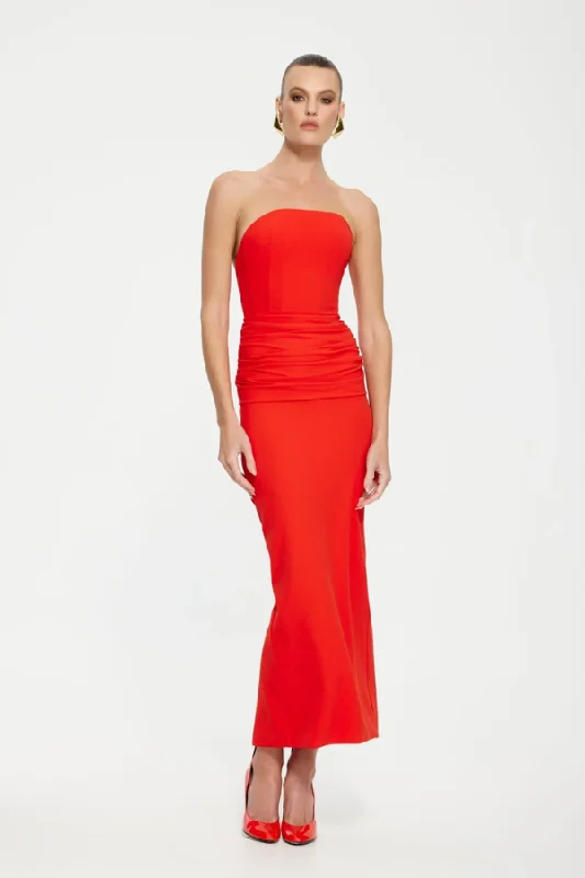 Astor Strapless Midi Dress Cherry Red