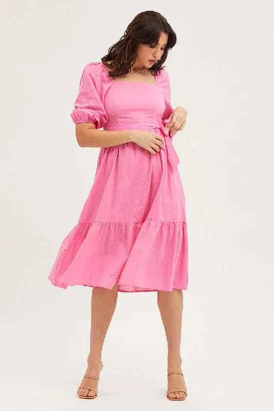 Pink Dress Puff Sleeve Maxi