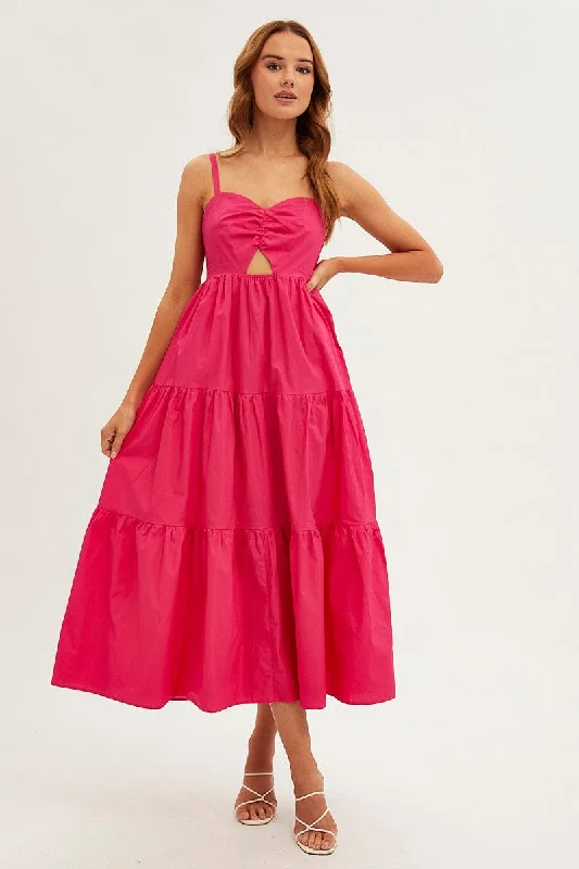 Pink Maxi Dress Sleeveless Ruched Front