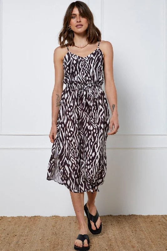 Print A Line Dress Maxi V Neck