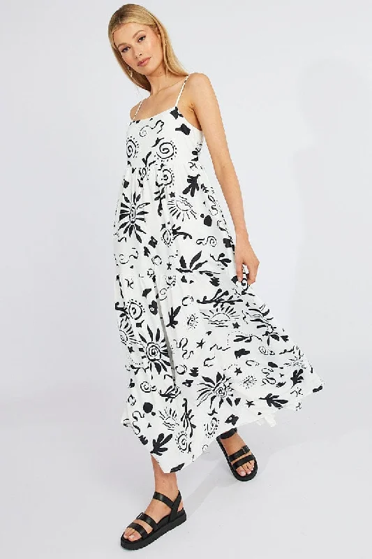 White Abstract Maxi Dress Strappy Tiered