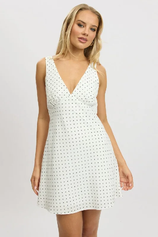 White Polka Dot A Line Mini Dress Sleeveless