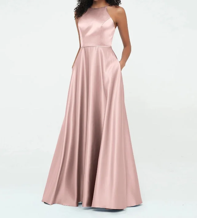 Evening Dress A-Line Halter Satin Pockets Dresses