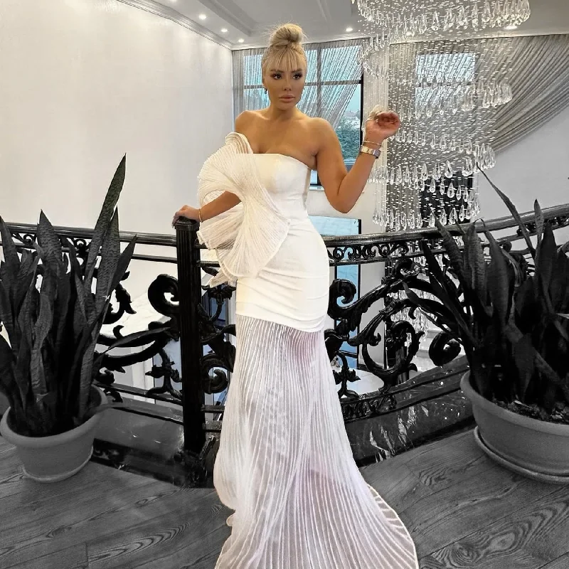 Fashion White Pleated Long Prom Dresses with 3D Pleated Shoulder 2024 Couture Mermaid Evening Party Dress vestidos de fiesta