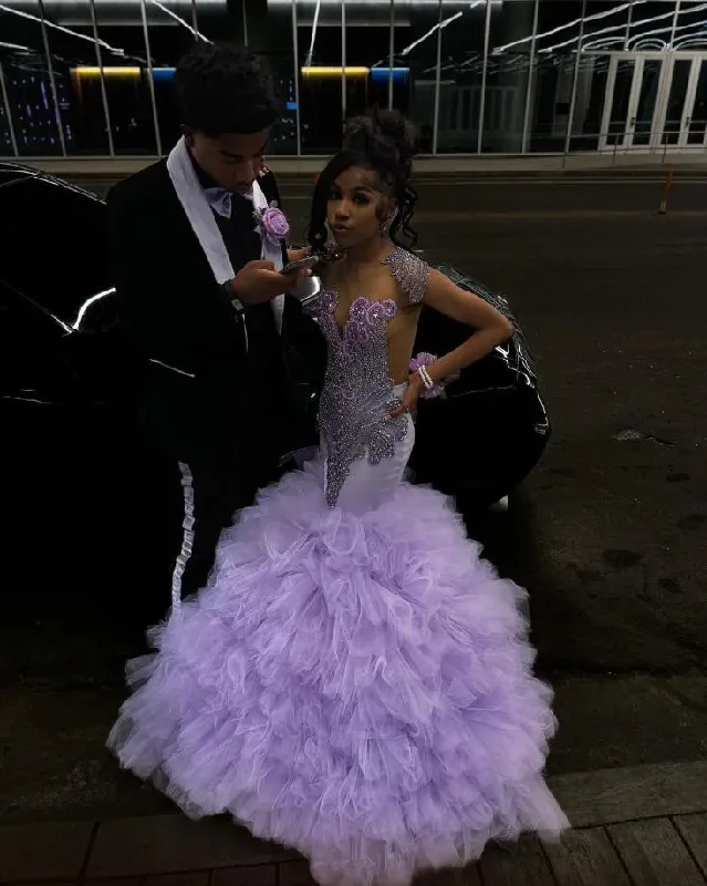 Lilac Lavender Sparkly Mermaid Prom Ceremony Party Dresses for Black Girl 2024 Luxury Diamond Crystal Ruffles Evening Gala Gown