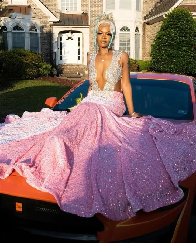 Luxury Pink Prom Dress 2024 For Black Girls Sparkly Crystal Rhinestones Beading Sequins Gown Birthday Party Homecoming Gown