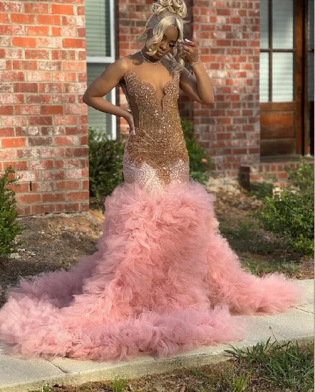 Rose Pink Ruffles Mermaid Prom Birthday Gala Dresses for Black Girl 2024 Sparkly Diamond Luxury Evening Ceremony Party Gown