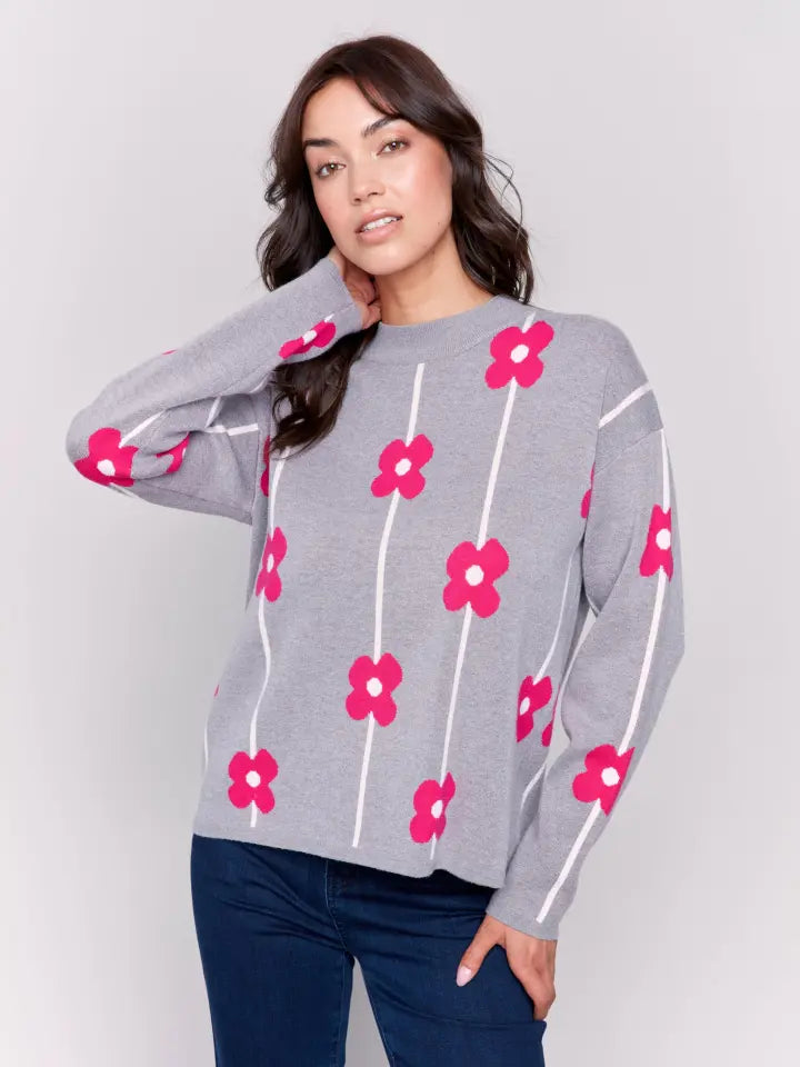 Charlie B Floral Jacquard Long Sleeve Crew Neck Sweater Knit - C2738-737B