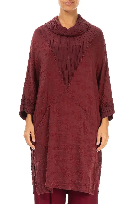 Cowl Neck Rose Pattern Burgundy Silk Linen Tunic