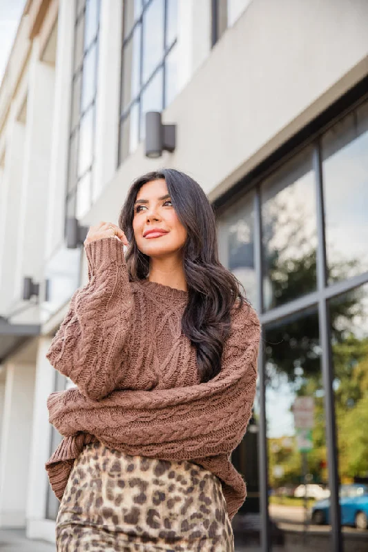 Fall Sentiments Chocolate Cable Knit Crew Neck Sweater