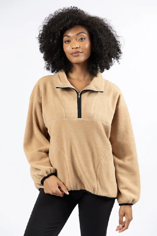 Outside The Box Beige Contrast Trim Fleece Pullover