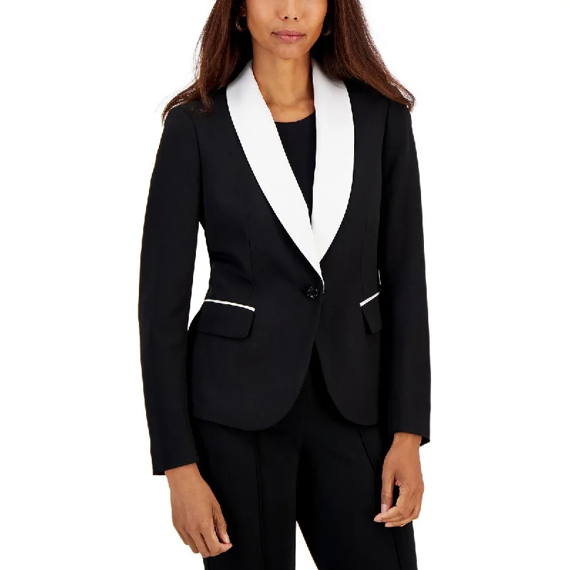 Petites Womens Contrast Trim Office One-Button Blazer