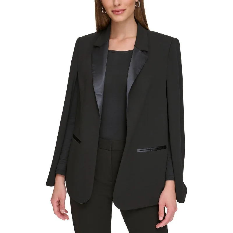 Petites Womens Solid Collared Open-Front Blazer