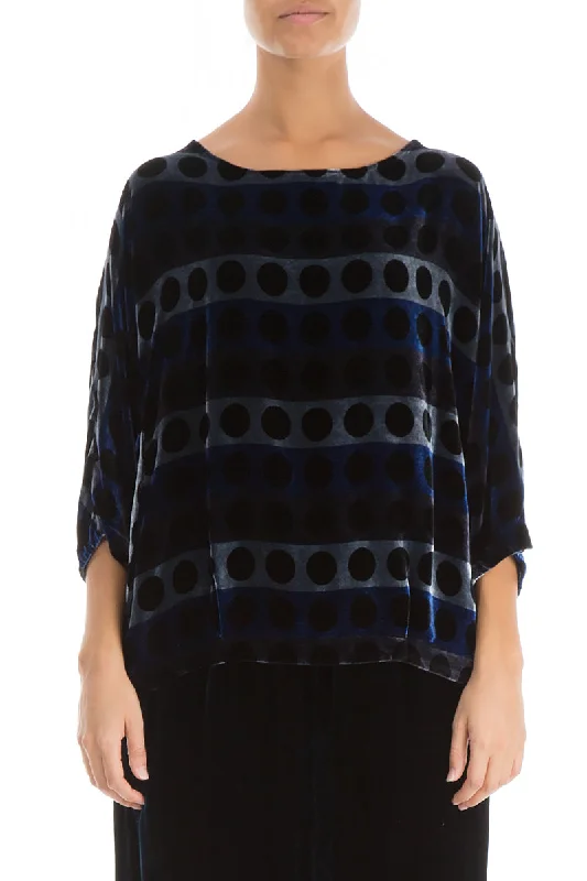 Short Patterned Blue Silk Velvet Blouse